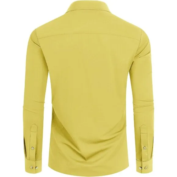 Men's Yellow Long Sleeve Slim Muscle Fit Wrinkle Free Button Down Dress Shirts