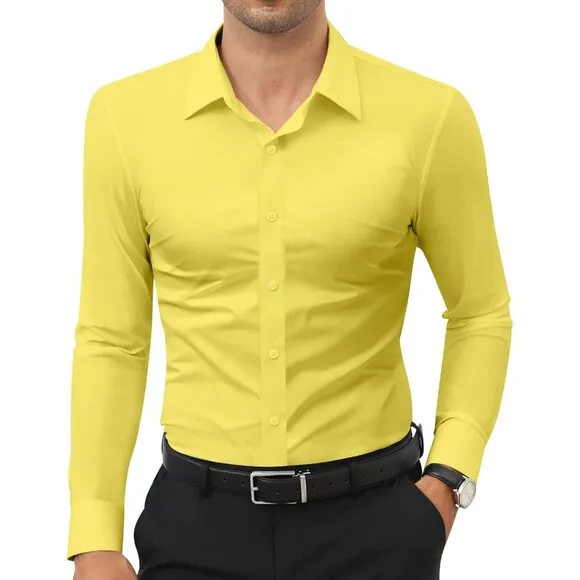 Men's Yellow Long Sleeve Slim Muscle Fit Wrinkle Free Button Down Dress Shirts