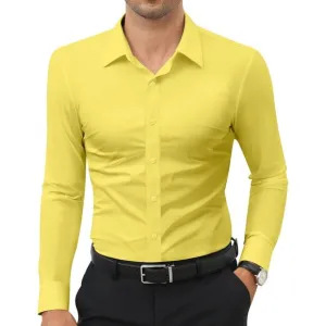 Men's Yellow Long Sleeve Slim Muscle Fit Wrinkle Free Button Down Dress Shirts