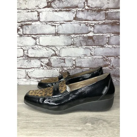 Mephisto Air Jet Black Patent Leopard Print Penny Wedge Shoes Women 11M US/42EU