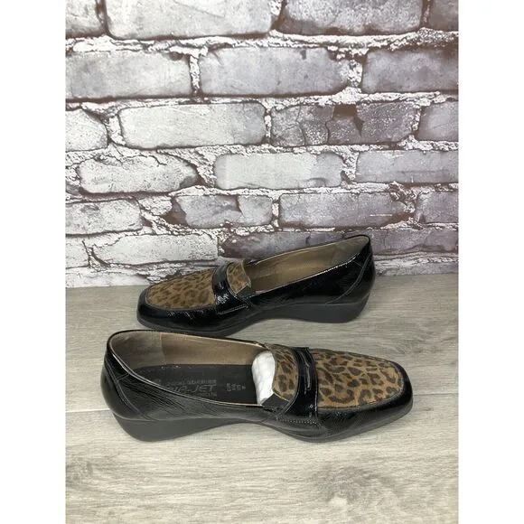 Mephisto Air Jet Black Patent Leopard Print Penny Wedge Shoes Women 11M US/42EU
