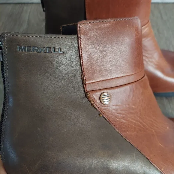 Merrell Veranda 2-tone Brown Leather Back Zip Up Ankle Mid Boots Women's 6.5