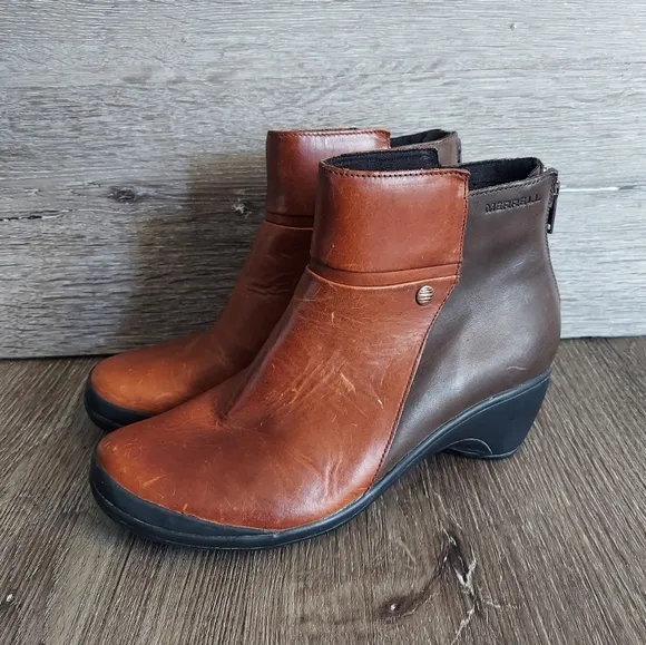 Merrell Veranda 2-tone Brown Leather Back Zip Up Ankle Mid Boots Women's 6.5