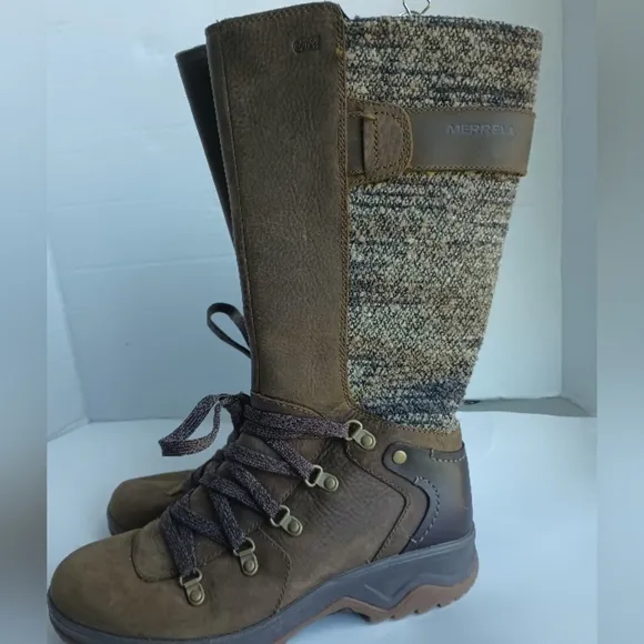 Merrell Womens Dark Earth Waterproof Boots Size 6 Knee High Lace Up Tweed