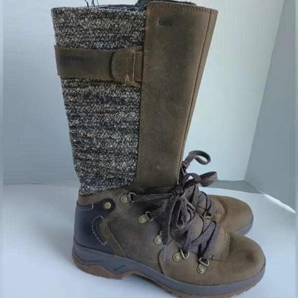 Merrell Womens Dark Earth Waterproof Boots Size 6 Knee High Lace Up Tweed