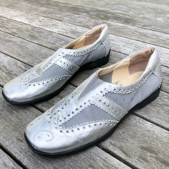 Metallic Silver Leather Spikeless Slip On Shoes Sesto MeucciGolf by Sherry 10.5M