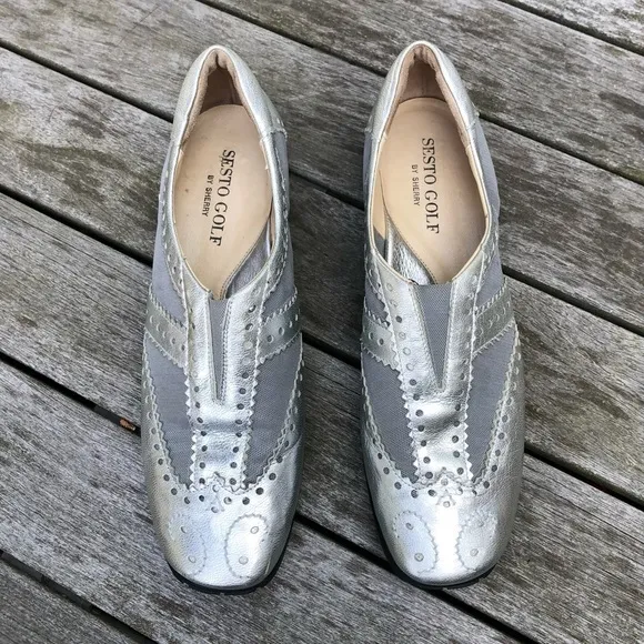 Metallic Silver Leather Spikeless Slip On Shoes Sesto MeucciGolf by Sherry 10.5M