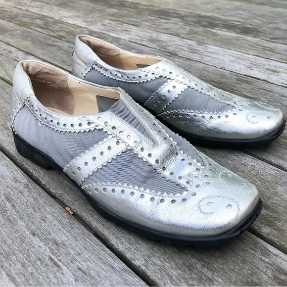 Metallic Silver Leather Spikeless Slip On Shoes Sesto MeucciGolf by Sherry 10.5M
