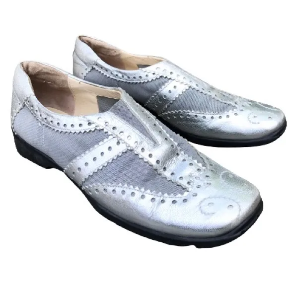 Metallic Silver Leather Spikeless Slip On Shoes Sesto MeucciGolf by Sherry 10.5M