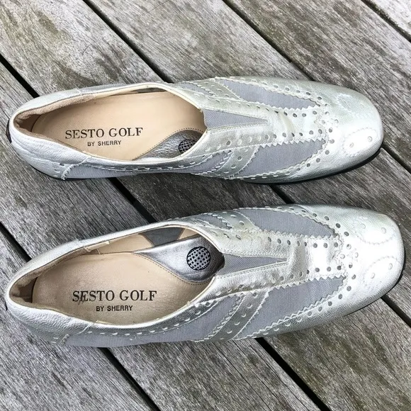 Metallic Silver Leather Spikeless Slip On Shoes Sesto MeucciGolf by Sherry 10.5M