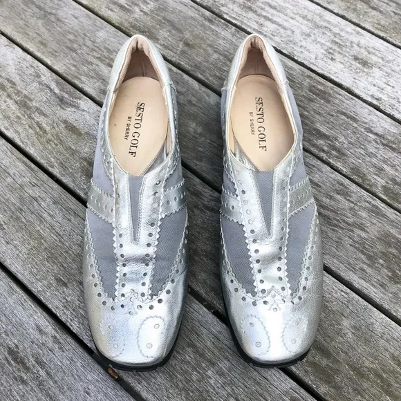 Metallic Silver Leather Spikeless Slip On Shoes Sesto MeucciGolf by Sherry 10.5M