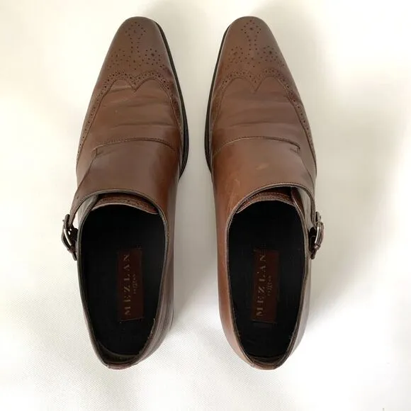Mezlan Shoes Men 11.5 Brown Leather Monk Strap Wingtip Oxford Designer Luxury
