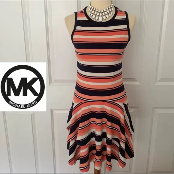 MICHAEL KORS Coral/Navy/White Striped Ruffle Dress🆕