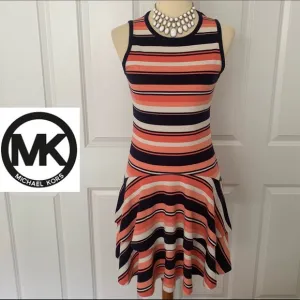 MICHAEL KORS Coral/Navy/White Striped Ruffle Dress🆕