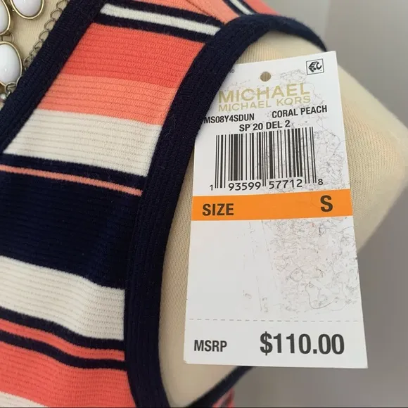 MICHAEL KORS Coral/Navy/White Striped Ruffle Dress🆕