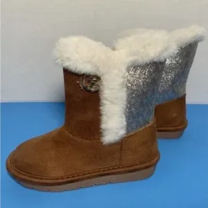 Michael Kors Johanna Tinsel Faux Fur Suede MK Logo Brown Glitter Boots Girl 5