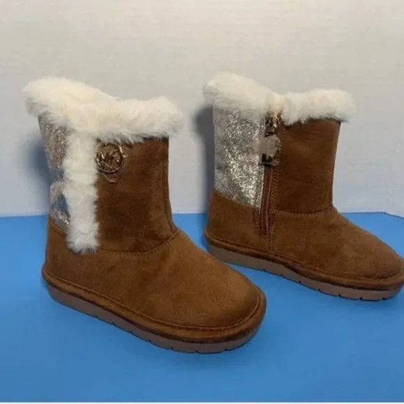 Michael Kors Johanna Tinsel Faux Fur Suede MK Logo Brown Glitter Boots Girl 5