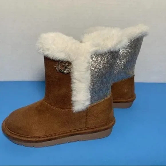 Michael Kors Johanna Tinsel Faux Fur Suede MK Logo Brown Glitter Boots Girl 5