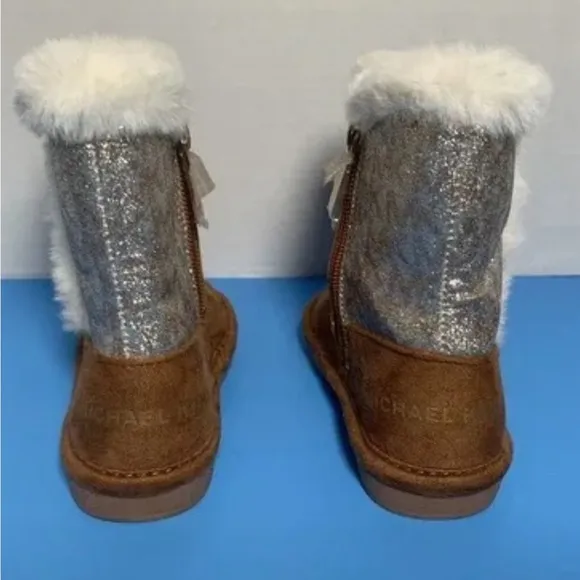 Michael Kors Johanna Tinsel Faux Fur Suede MK Logo Brown Glitter Boots Girl 5