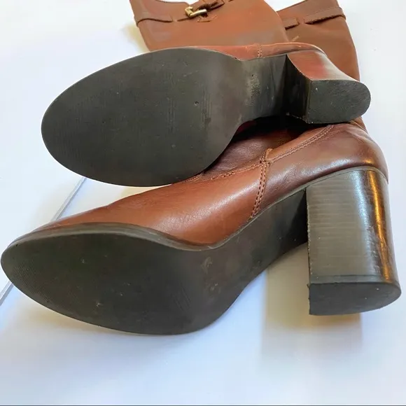 Michael Kors tan brown leather gold buckle knee high chunky block heel boots