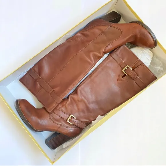 Michael Kors tan brown leather gold buckle knee high chunky block heel boots