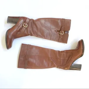 Michael Kors tan brown leather gold buckle knee high chunky block heel boots