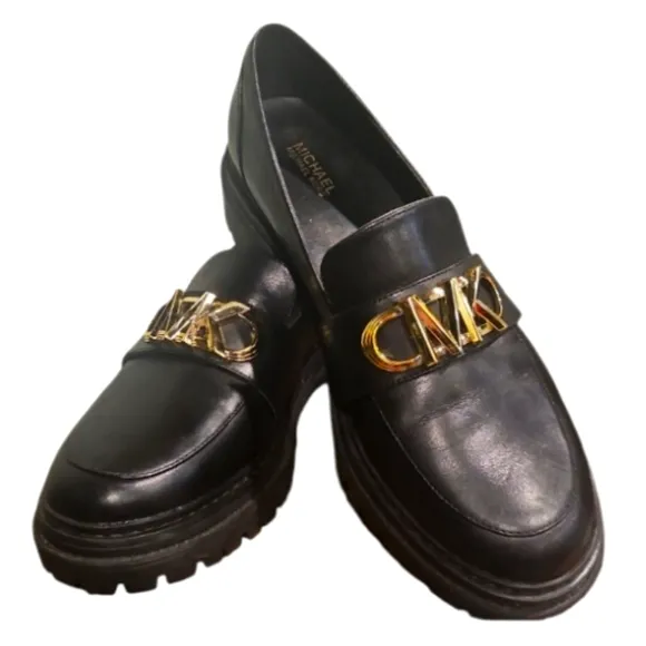 MICHAEL Michael Kors Black Leather Parker Lug Sole Loafers with Gold Accent 8.5.