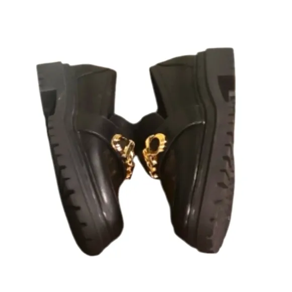 MICHAEL Michael Kors Black Leather Parker Lug Sole Loafers with Gold Accent 8.5.