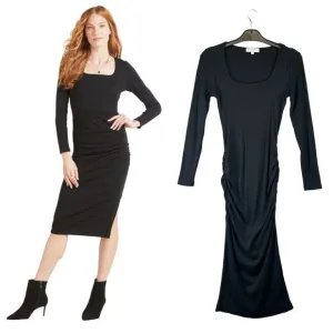 Michael Stars Dress Womens S‎ Black Rib Knit Midi Ruched Square Neck Long Sleeve