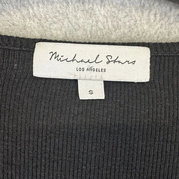 Michael Stars Dress Womens S‎ Black Rib Knit Midi Ruched Square Neck Long Sleeve