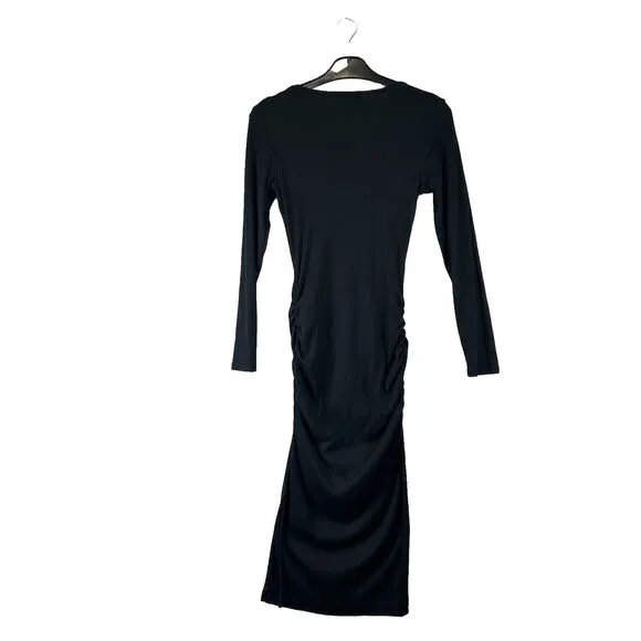 Michael Stars Dress Womens S‎ Black Rib Knit Midi Ruched Square Neck Long Sleeve