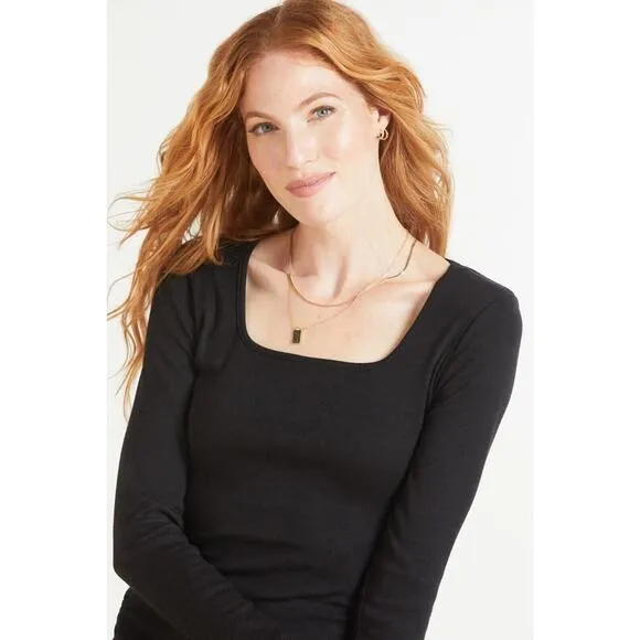 Michael Stars Dress Womens S‎ Black Rib Knit Midi Ruched Square Neck Long Sleeve