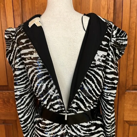 Michaels Kors Zebra-Print Longsleeved Sequined Dress Flounce Hem Patent Belt L