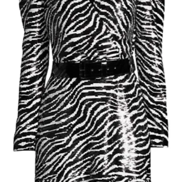 Michaels Kors Zebra-Print Longsleeved Sequined Dress Flounce Hem Patent Belt L