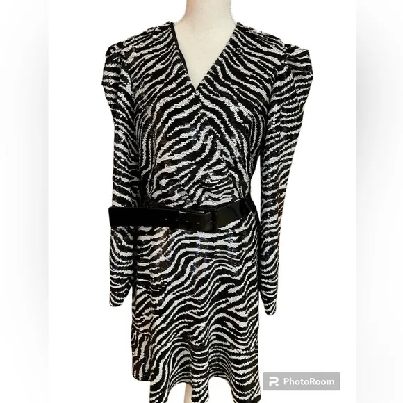 Michaels Kors Zebra-Print Longsleeved Sequined Dress Flounce Hem Patent Belt L