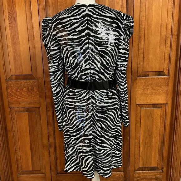 Michaels Kors Zebra-Print Longsleeved Sequined Dress Flounce Hem Patent Belt L