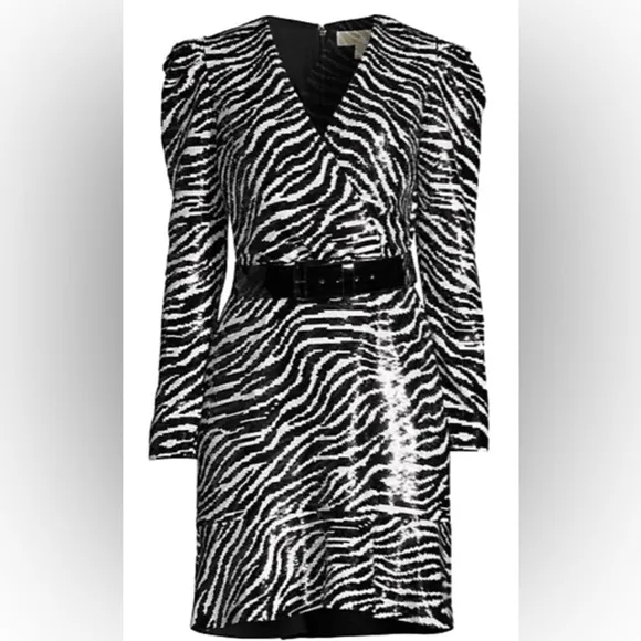 Michaels Kors Zebra-Print Longsleeved Sequined Dress Flounce Hem Patent Belt L