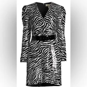Michaels Kors Zebra-Print Longsleeved Sequined Dress Flounce Hem Patent Belt L