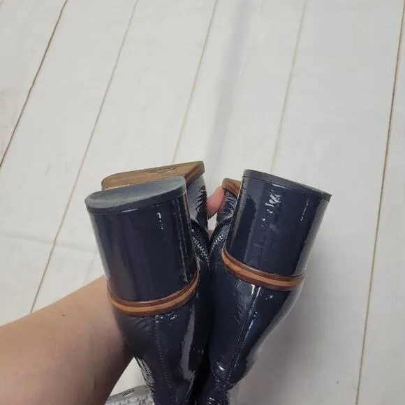 Miista mid calf navy blue patent leather heeled mid calf boots