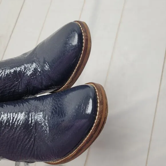 Miista mid calf navy blue patent leather heeled mid calf boots