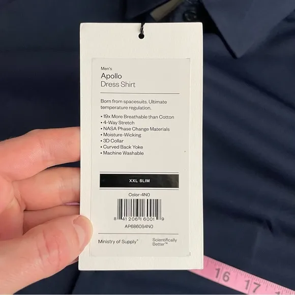 Ministry of Supply Men’s Apollo Dress Shirt Navy XXL Slim Fit New