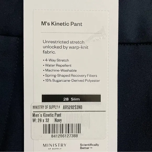 Ministry of Supply Men’s Kinetic Pant Navy 28x32 Slim Fit New