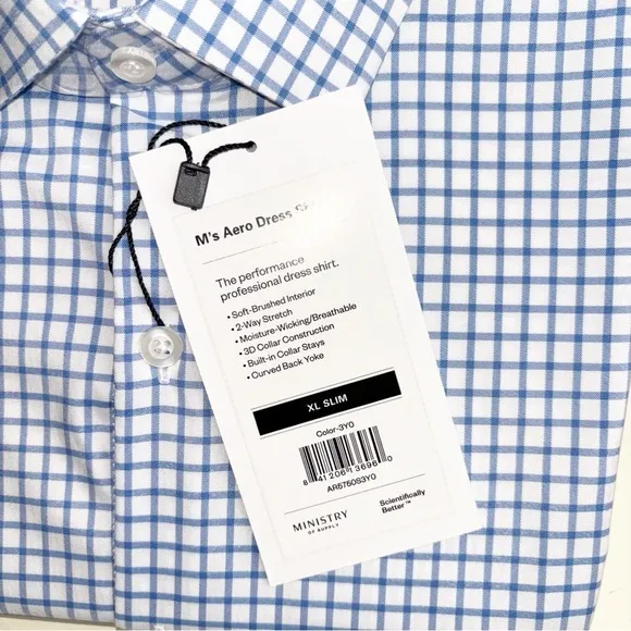 Ministry of Supply Men’s Performance Aero Dress Shirt Blue Check Slim Fit New