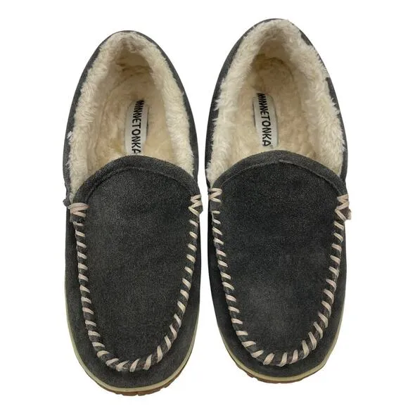 Minnetonka Tilden Moccasin Slippers Gray Non Slip Sole Comfort Men's Size 10