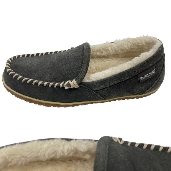 Minnetonka Tilden Moccasin Slippers Gray Non Slip Sole Comfort Men's Size 10