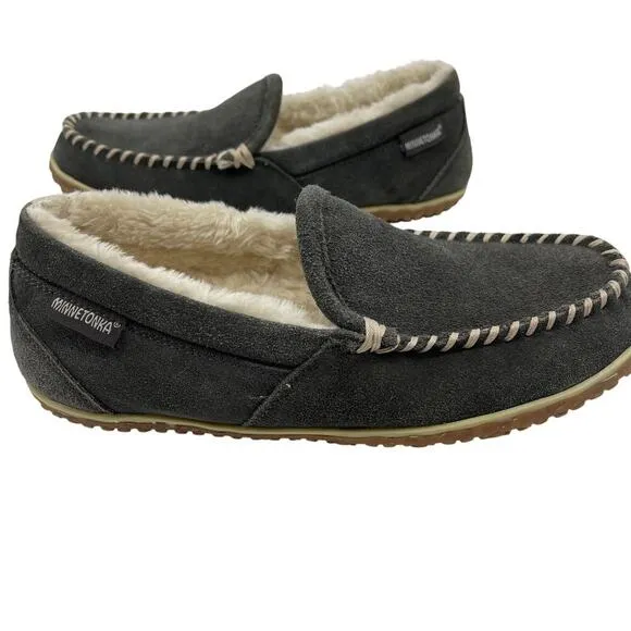Minnetonka Tilden Moccasin Slippers Gray Non Slip Sole Comfort Men's Size 10