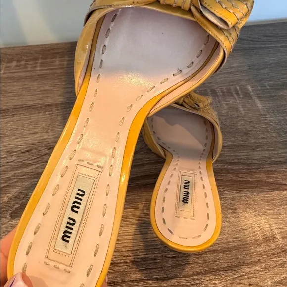 Miu Miu  Patent Leather Yellow/Beige Mule Sandals.‎