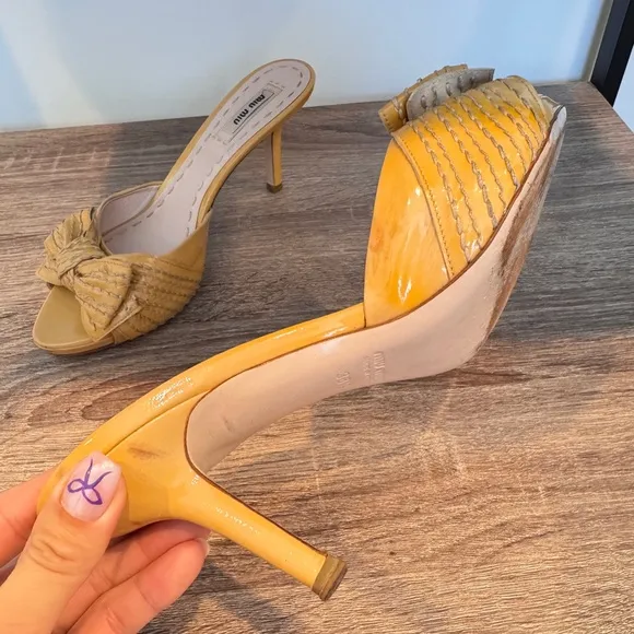 Miu Miu  Patent Leather Yellow/Beige Mule Sandals.‎