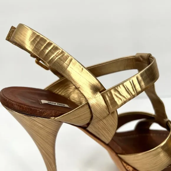 MIU MIU Shoes Womens 39 Gold Brushed Metal Leather Cork Platform Heeled Sandal