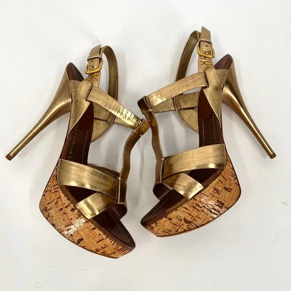 MIU MIU Shoes Womens 39 Gold Brushed Metal Leather Cork Platform Heeled Sandal